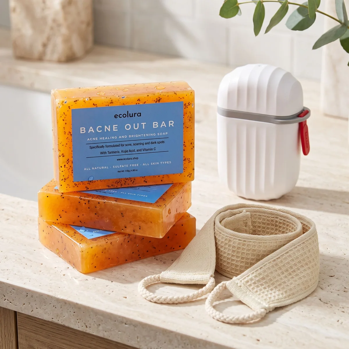 Bacne Out Bars with the back scrubber and soap case on a bathroom shelf