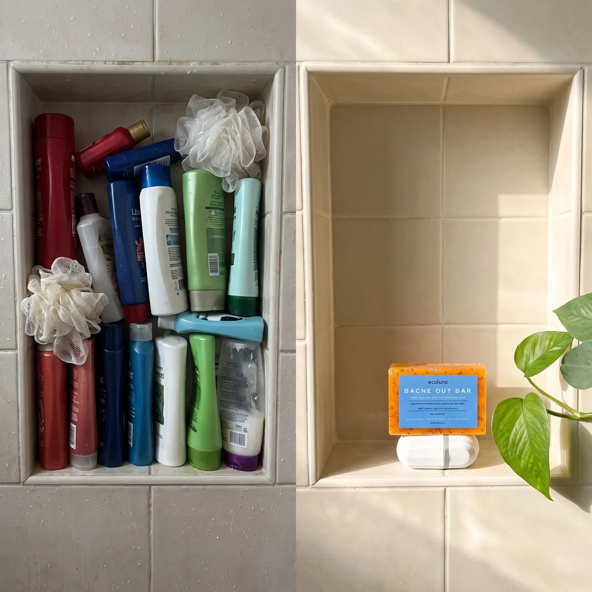 A shower shelf crammed with body wash bottles next to the same shelf with one Bacne Out Bar